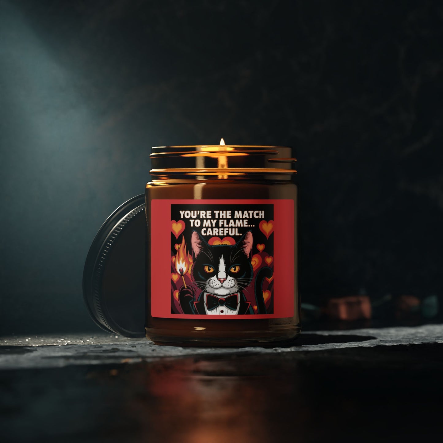 Purrmitheus - "You're The Match To My Flame". Luxurious Scented Soy Candle (Multi-Size, Amber Jar)